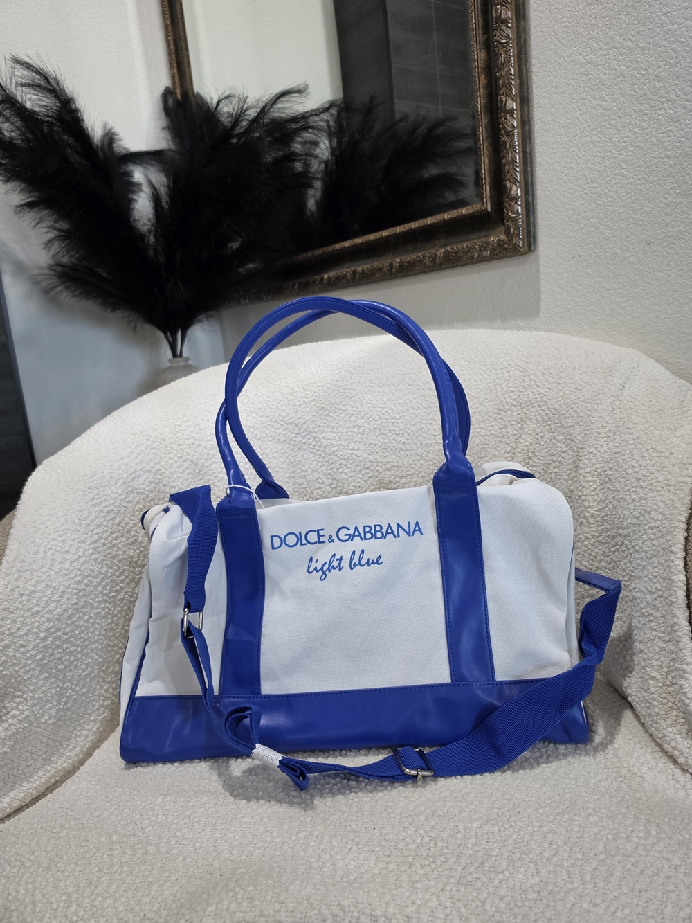 Dolce & Gabbana White and Bright Blue Canvas Travel or Gym Duffel
